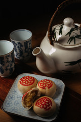 Tea and pastry on wooden table