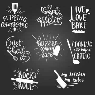 Set of funny hand drawn kitchen and cooking quotes.