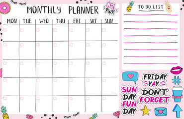 Monthly planner page template with cute elents and stickers