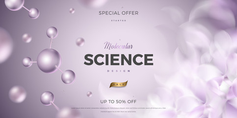 3d molecules vector design. Science abstract background with molecular structure and flower petals. Atoms model illustration, scientific banner for medicine, biology, chemistry or physics template