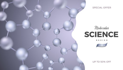 3d DNA molecules vector design. Science abstract background with molecular structure. Atoms model illustration, scientific banner for medicine, biology, chemistry or physics template