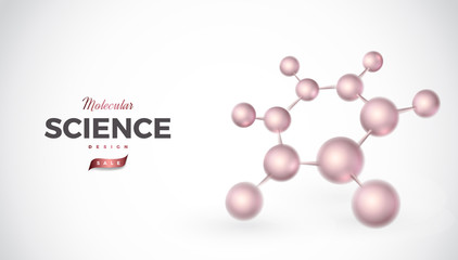 Science abstract vector background design with molecular structure. 3d molecules or atoms model illustration, scientific banner for medicine, biology, chemistry or physics template