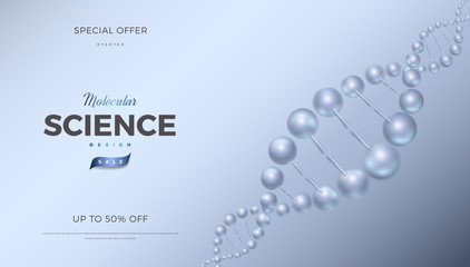 Science abstract vector background design with DNA molecular structure. Soft blue color 3d molecules luxury illustration, scientific banner for medicine, biology, cosmetics template
