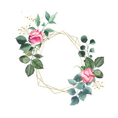 Watercolor gold geometrical round oval frame with pink red roses