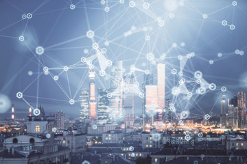 Double exposure of abstract technology drawing on cityscape background. Concept of tech innovation