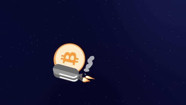 A bitcoin coin with a jetpack rushes to the moon, then the fuel runs out and the coin falls down eventually crashing off scene (cryptocurrency bear market and price drop concept)