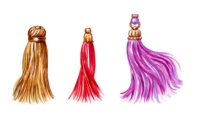 Set of silk tassel brushes, watercolor painting on a white background, details for various designs.