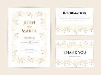 Obraz na płótnie Canvas Wedding Invitation with Gold Flowers and gold geometric line design. background with geometric golden frame. Cover design with an ornament of golden leaves. vector eps10