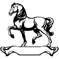 Fototapeta na wymiar Draft horse in profile. Logo, banner, emblem and ribbon scroll. Black and white side view vector