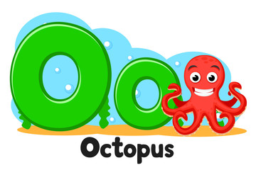 Alphabet animals, octopus underwater letter Oo on a white. Preschool education.