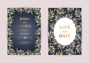 Wedding Invitation with Gold Flowers and gold geometric line design. background with golden frame. Cover design with an ornament of golden leaves. vector eps10