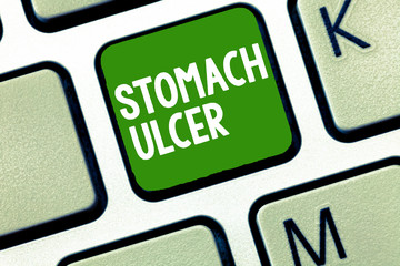 Handwriting text Stomach Ulcer. Concept meaning Open sores that develop on the inside lining of...