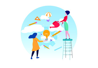 Two women working on a new idea. Brainstorming concept. Getting new idea for startup. Flat vector illustration.
