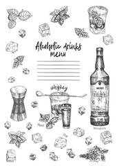 Vintage hand drawn sketch design bar, restaurant, cafe menu on white background. Graphic vector art. Whiskey with ice and mint Creative template for flyer, banner, poster, brochure.