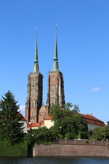 Naklejka premium wroclaw, poland, city, architecture, church, town, old, tower, river, building, water, castle, cityscape, cathedral, view, landmark,