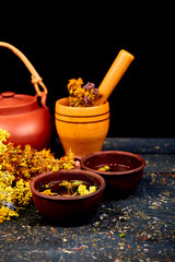 Cup of herbal tea Dry Herbs and flowers, herbal medicine.