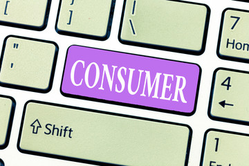 Conceptual hand writing showing Consumer. Business photo showcasing demonstrating who purchases...