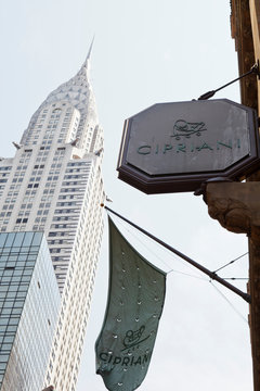 New York, New York, USA - August 18, 2011: The sign and flag for Cipriani on 42nd street in Manhattan. Cipriani is a high end global restaurant chain with several locations.