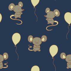 Seamless repeat vector pattern with mouse and balloons on dark blue background.