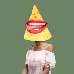 Let's have a party. Female body headed by cheese slice with big smile of red lips. Negative space...