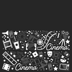 Vector pattern with cinema icons. Movie Theater, TV, popcorn, video clips, musical