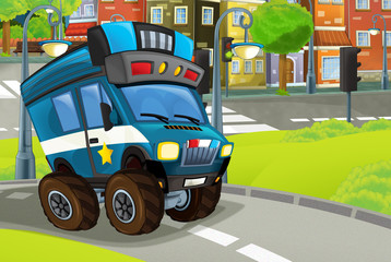 police car on the street happy and funny illustration for children