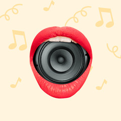 Talented singer, concept of brilliant voice. Female mouth with red lips holding music speaker on yellow background. Negative space to insert your text. Modern design. Contemporary art collage.