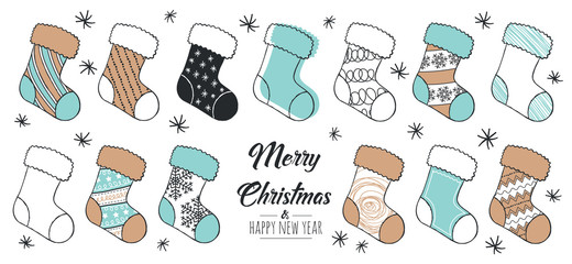  Set of hand drawn christmas sock. Decoration isolated elements . Doodles and sketches vector illustration