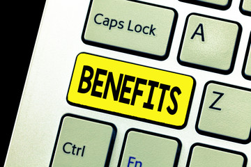 Writing note showing Benefits. Business photo showcasing Advantage Profit gained from something...