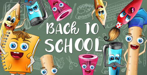 School sale cartoon characters Vector watercolor. Notebook pen and ruler funny characters illustration watercolor styles