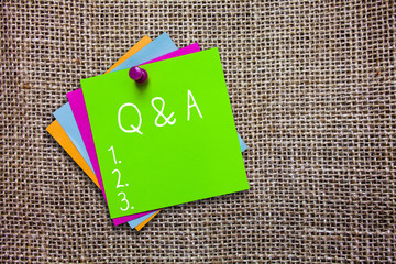 Conceptual hand writing showing Q and A. Business photo showcasing Exchange of questions and answers between groups of showing.