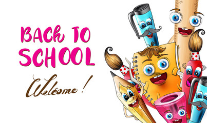 Back to school cartoon characters Vector watercolor. School supplies pen and ruler funny characters illustration watercolor styles