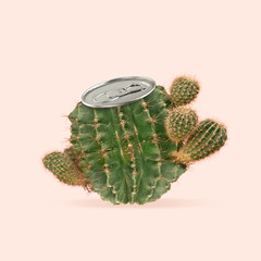 An alternative can of drink. Natural and healthy drinks and food concept. Cactus as a cannister on...