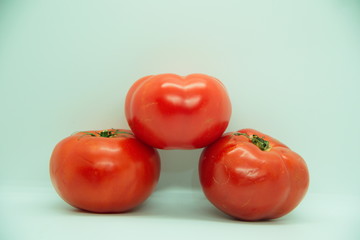 three tomatoes in a white blue background