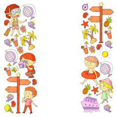 Set of summer icons with children. Kids swim with swimming mask and flippers, inflatable ring, sunbathe on the beach, take photos.