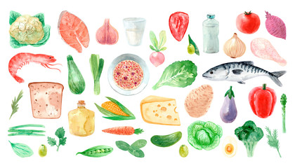 Watercolor hand-drawn set of natural food. Organic vegetables, seafood, dairy and meat. - 284141983