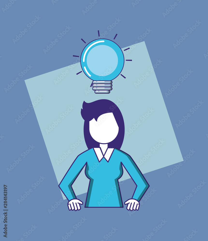 Sticker woman with bulb light vector ilustration