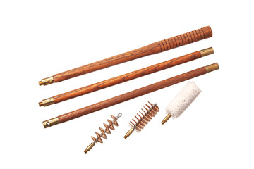Weapon cleaning kit isolate on white background. Weapon care tools. Ramrod for cleaning gun.