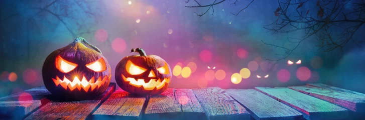 Poster Jack O' Lanterns Glowing In Fantasy Night. Halloween Background © Pasko Maksim 
