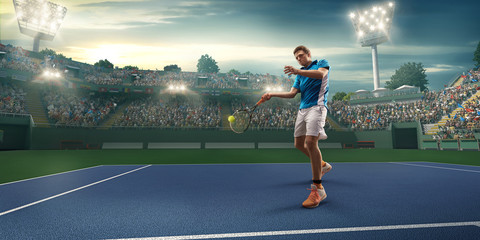 Male athlete plays tennis on a professional court - obrazy, fototapety, plakaty