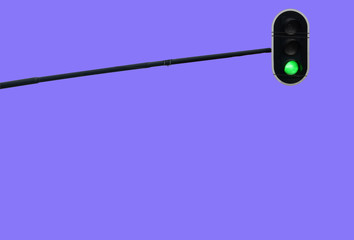 Traffic light with green color isolated on blue sky background, road, driving, transport, allowance, solution or yes concept