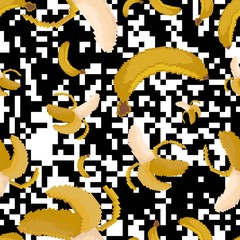 Pixel banana Seamless Pattern. Pix vector illustration. 