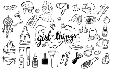 "Girl things " cute doodle art full with fashion and beauty care stuff in adorable hand draw cartoon style