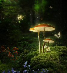Fantasy mushrooms in the forest at night. 3D rendering.