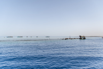 Sharm El Sheikh, Egypt - May, 2019: Shipwreck near the island of Tiran - attraction of the resort of Sharm