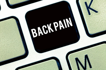 Text sign showing Back Pain. Conceptual photo Soreness of the bones felt at the lower back portion of the body.