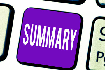 Writing note showing Summary. Business photo showcasing Brief Statement Abstract Synopsis Concise...