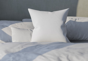 White pillow on the background of bedding. Bed made up. 3d render. lightness and sleep. mockup