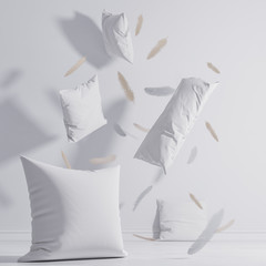mockup white pillows and feathers Fly around the room on the floor. Branding template. 3d render - 284148163