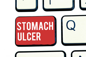 Handwriting text writing Stomach Ulcer. Concept meaning Open sores that develop on the inside lining of your stomach.